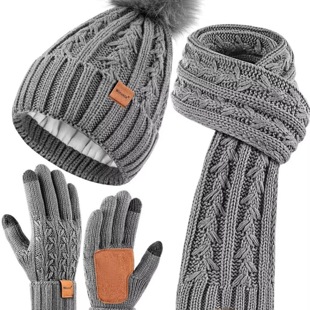 Womens Beanie Hat Scarf Gloves Set, Fleece Lined Winter Hat with Pom Pom, Long K